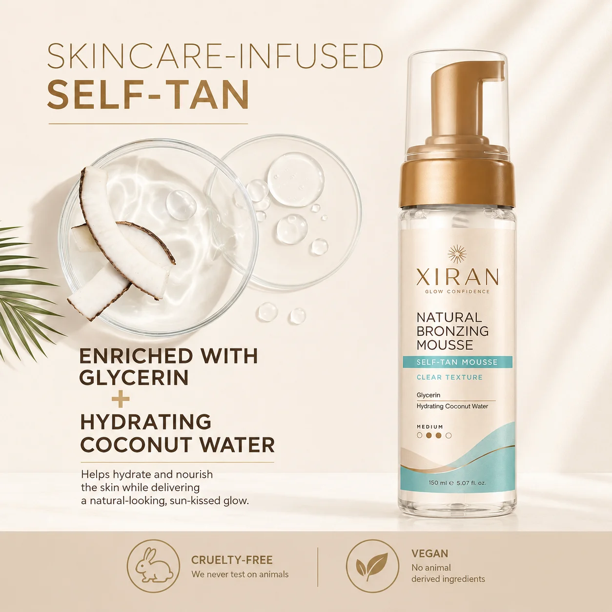 Xiran natural bronzing mousse bottle with text highlighting skincare benefits like glycerin, hydrating coconut water, cruelty-free, and vegan features.
